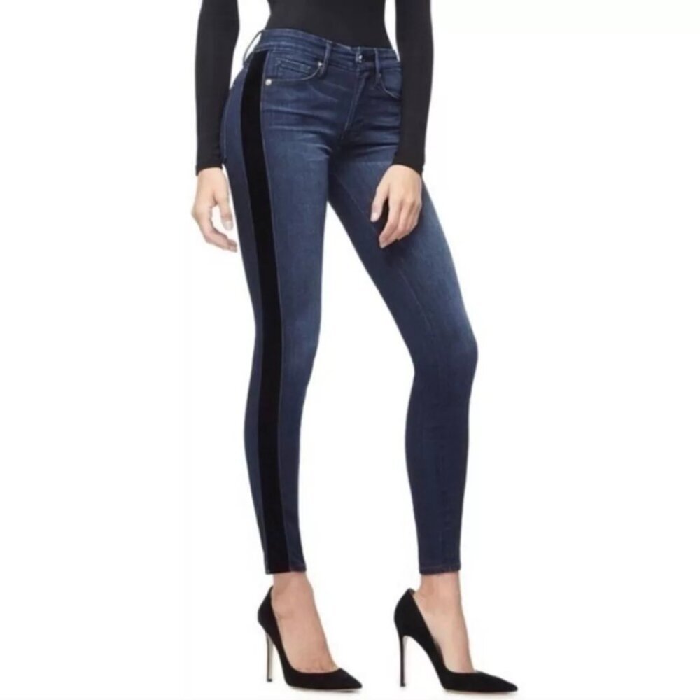 Good American Good Waist Jeans Blue Black Velvet Tuxedo Stripe Skinny Denim